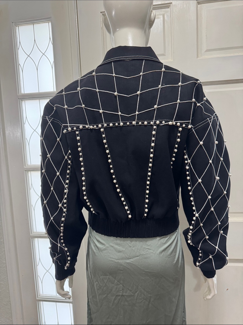 Epuzer 100% Cotton Black Pearl-Trim Quilted Bomber Jacket Size Medium
